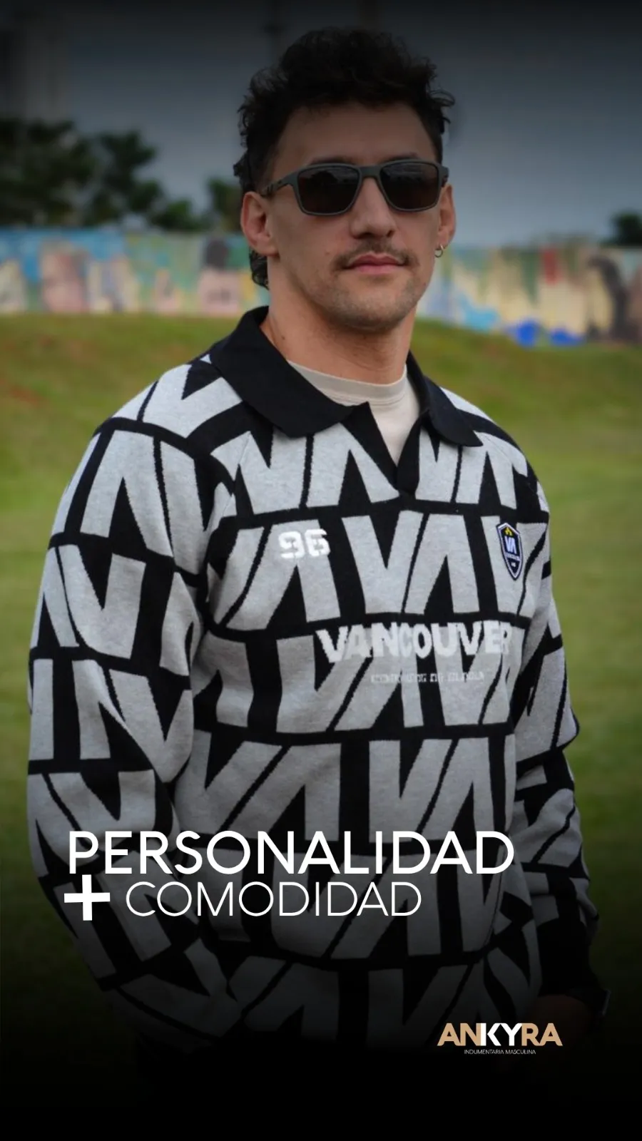 Look urbano con sweater estampado Vancouver